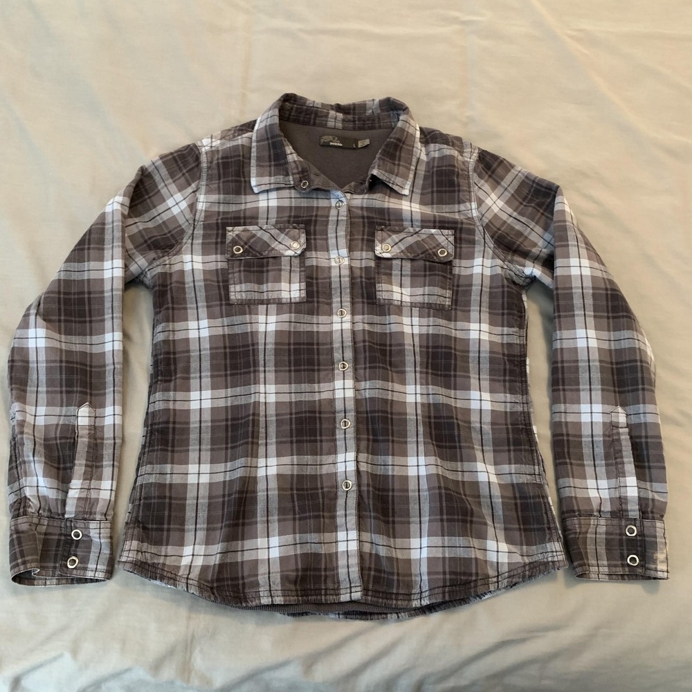 PrAna Shirt Womens Large Gray Plaid‎ Flannel Snap Front Lined Thermal Top Casual